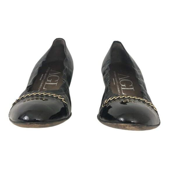 Attilio Giusti Leombruni AGL Sz 36 US 6 Black Patent Leather Chain Cap Toe Flats - Picture 2 of 8